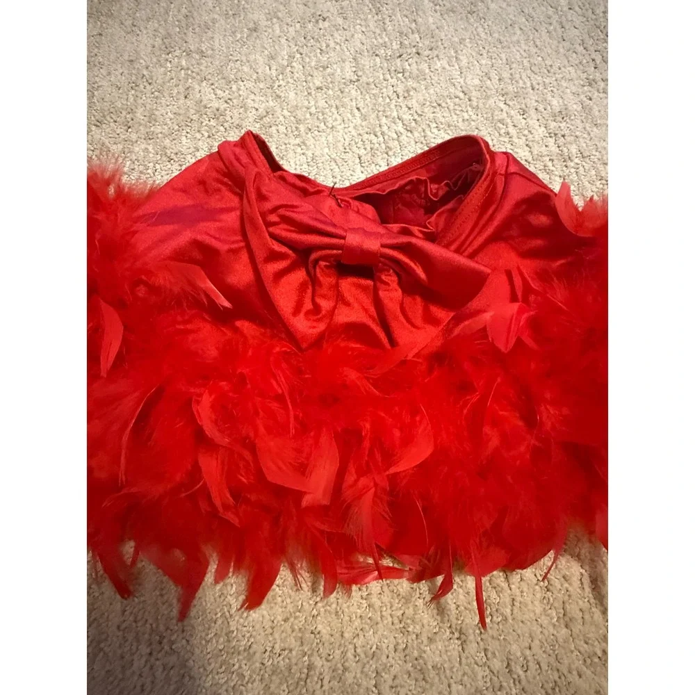 Sparkly Red Weissman‎ Dance Costume + Feather & Tulle Skirts + Bow! 💃